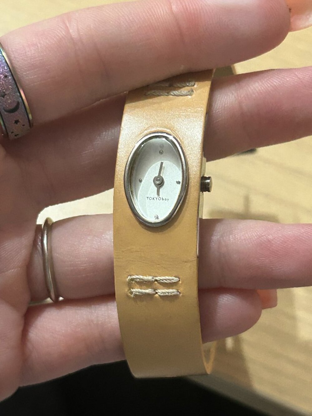 TOKYObay Oval Silver Dial Tan Leather Cuff Watch Minimalist Modernist